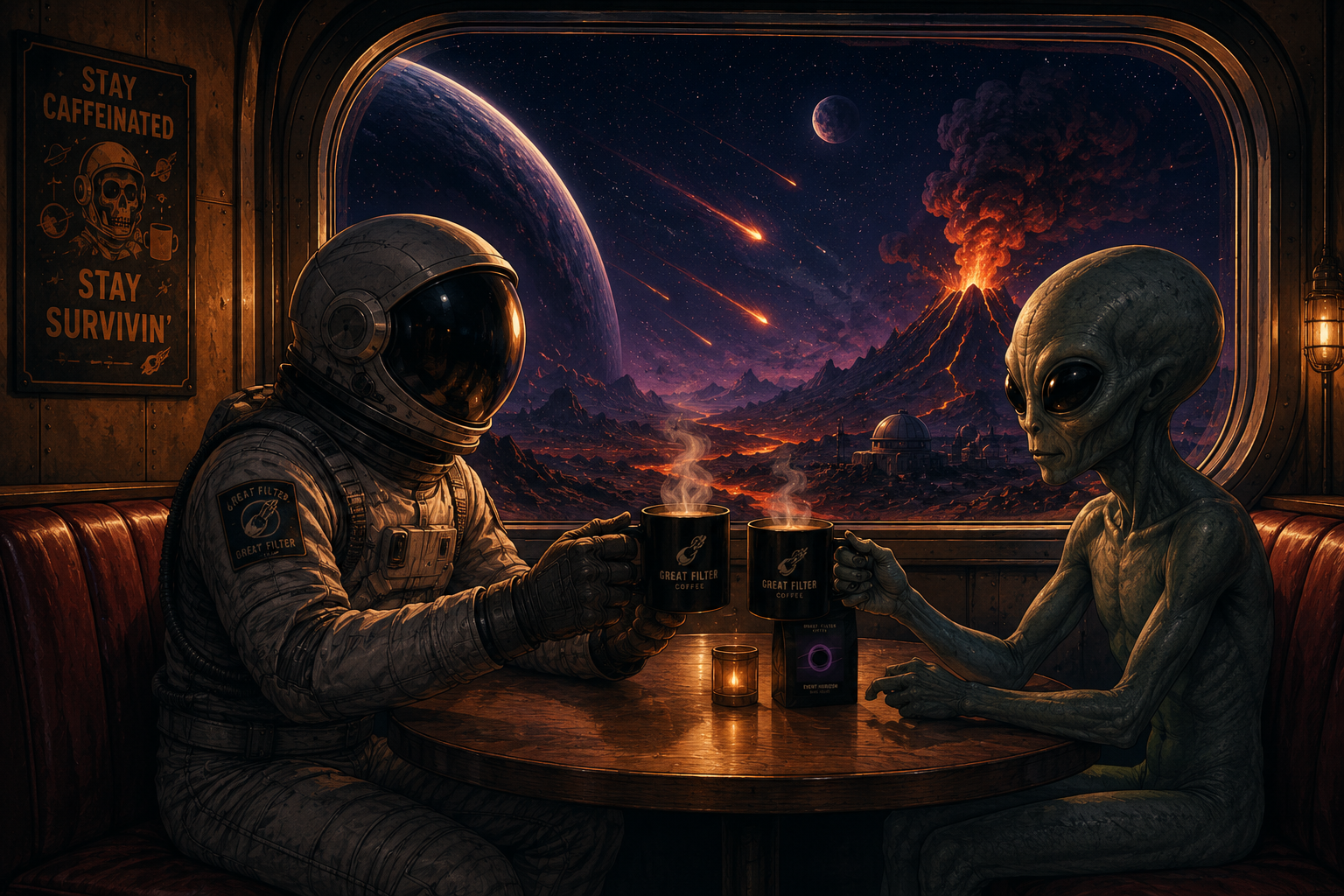 An astronaut and an alien sharing Great Filter Coffee in a retro-futuristic diner